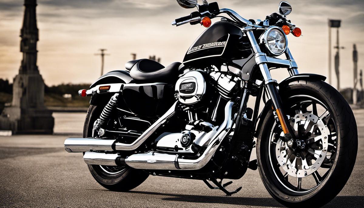 The image showcases a Harley-Davidson Sportster 1200, a sleek black motorcycle standing on the road, with chrome accents and a gleaming finish.
