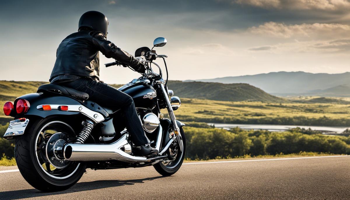 A powerful black motorcycle, the Suzuki Boulevard S40/Savage, standing on an open road with scenic views in the background