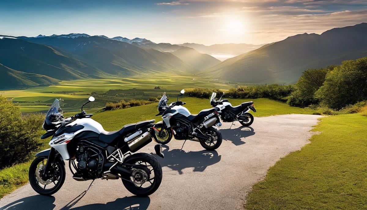 A group of Triumph Tiger Sport 660 motorcycles parked together in front of a beautiful scenery.
