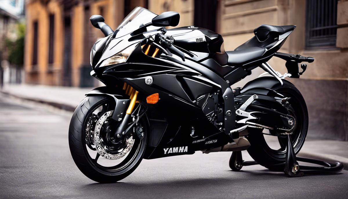 A sleek black Yamaha R6 motorcycle parked in a street, representing the epitome of speed and style